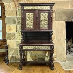 19th Century Flemish Renaissance Secretary Bookcase in Oak with Embossed Brass
