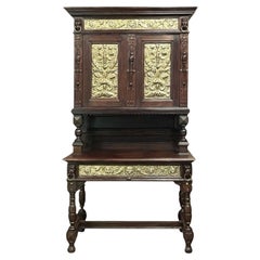 19th Century Flemish Renaissance Secretary Bookcase in Oak with Embossed Brass