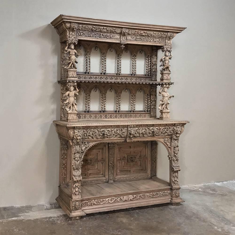 An impressive work of the wood sculptor's art, this 19th century Flemish Renaissance Buffet ~ Vaisselier features detailing that must be examined closely to be fully appreciated!  The detail is astounding, and represents the idealism of the