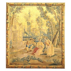 Antique 19th Century Flemish Rustic Tapestry, with Villagers Holding a Birdcage