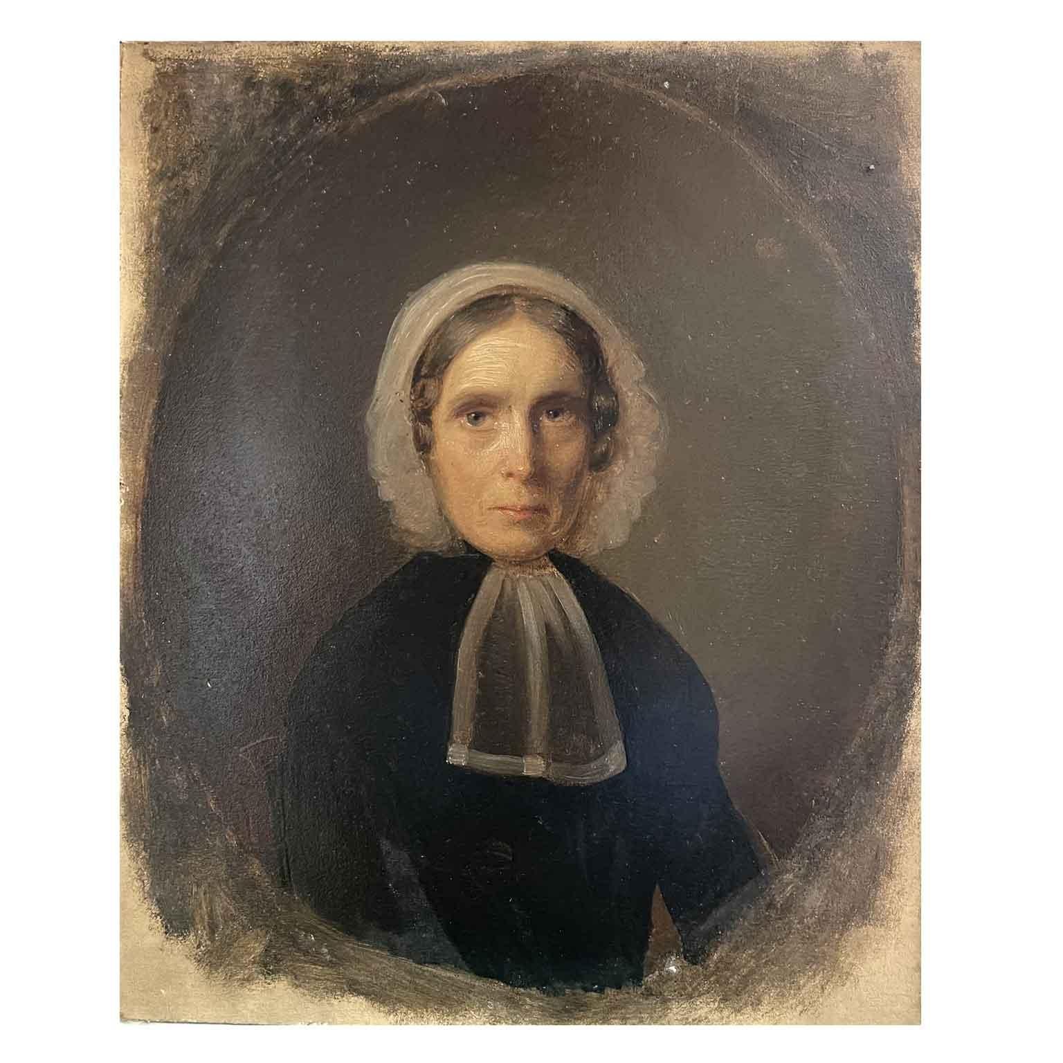 19th Century Flemish School Portrait of a Lady oil on cardboard painting, rectangular shape, with an overlaid oval gilt cardboard, set in a rectangular gilt frame. It depicts a middle-aged lady, with a severe expression, dressed in a black dress