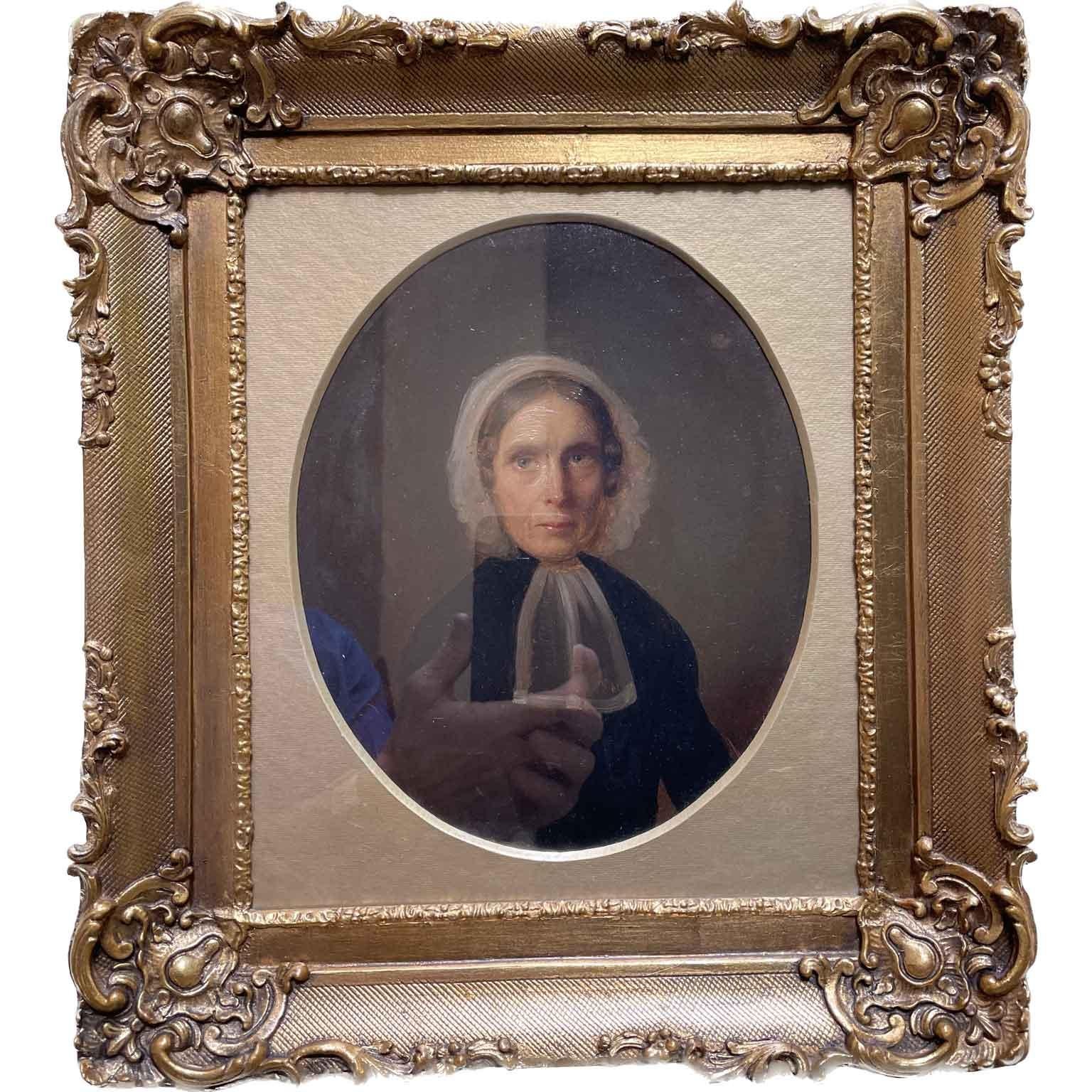 Belgian Scuola Fiamminga Ritratto di Donna con Cuffia Copricapo Tardo 1800 For Sale