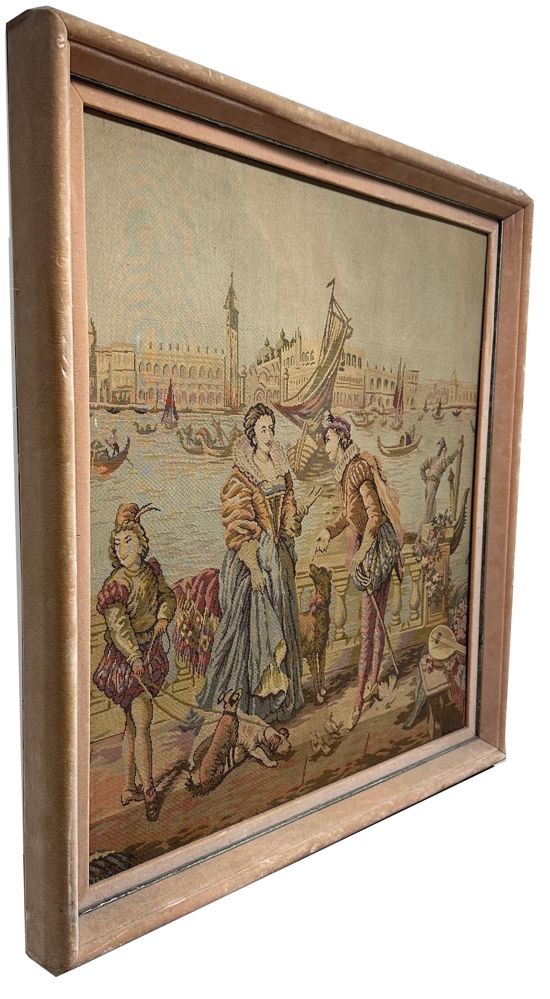 Tapisserie encadrée de style flamand du XIXe siècle représentant le canal de Venise Bon état - En vente à Dallas, TX