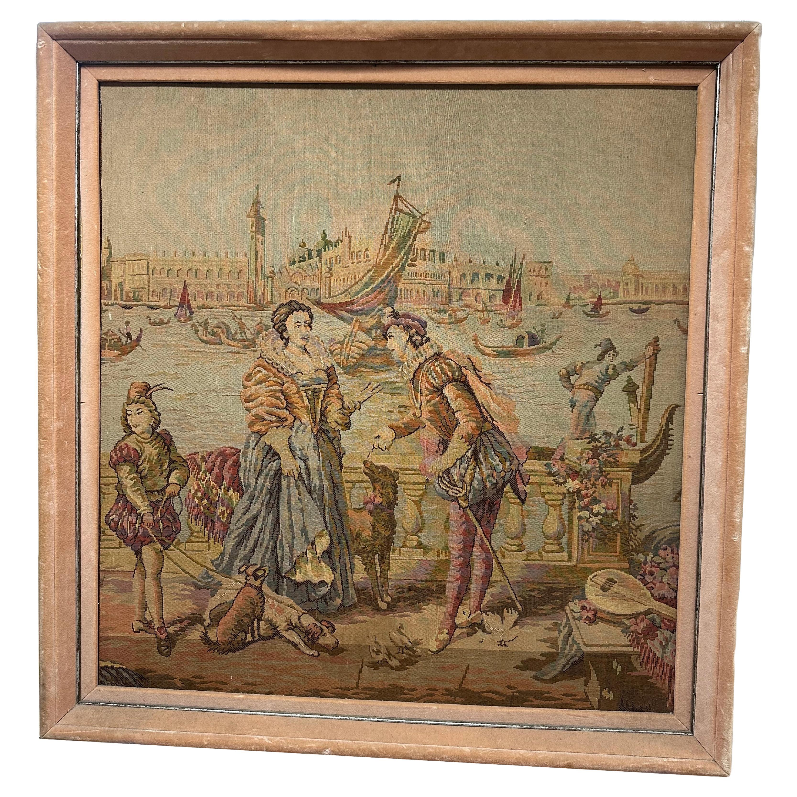 Tapisserie encadrée de style flamand du XIXe siècle représentant le canal de Venise en vente