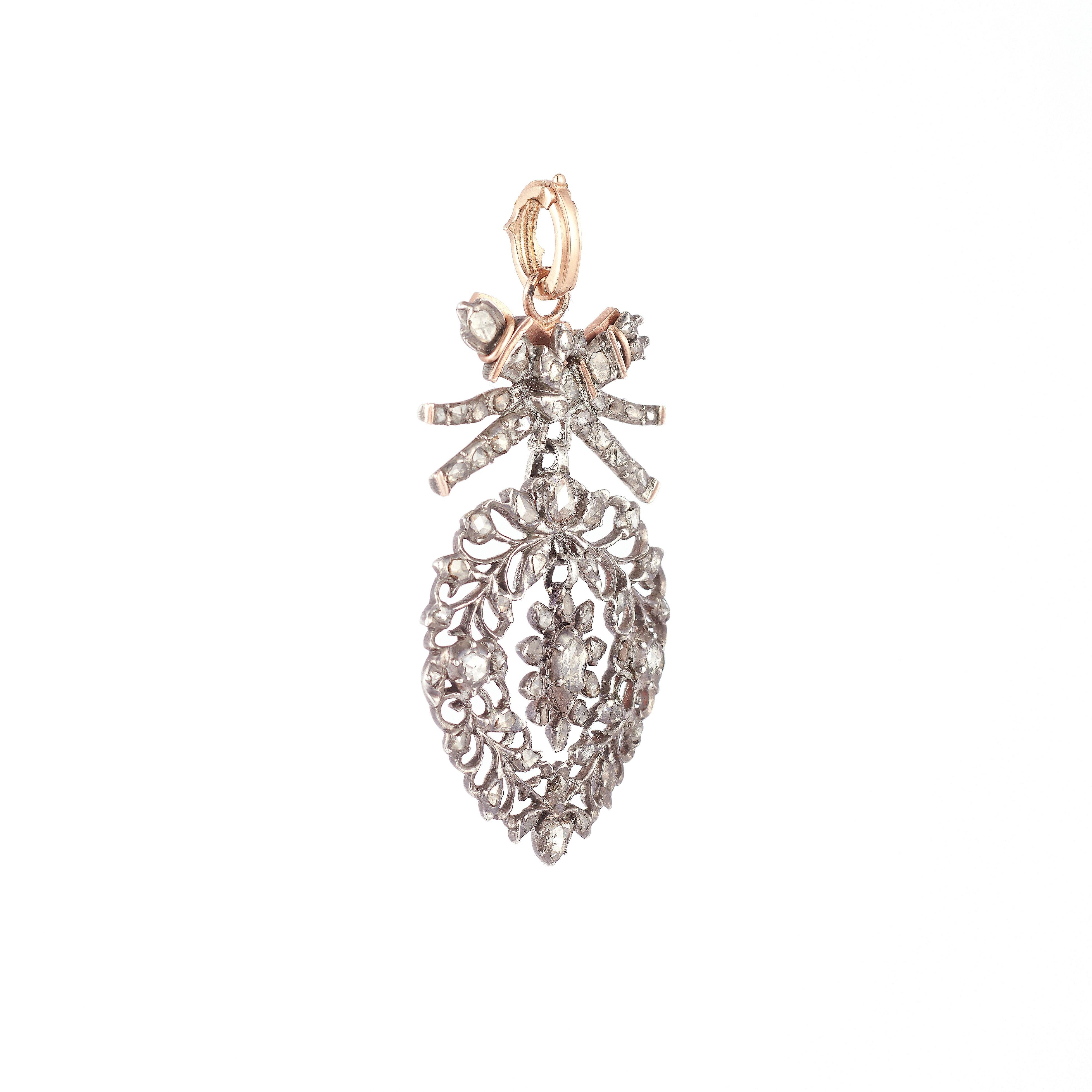 19th Century Flemish Heart Pendant (silver) with 14k rose gold mounting
Rose cut and Senaille Diamonds approx 1.00 total carats

