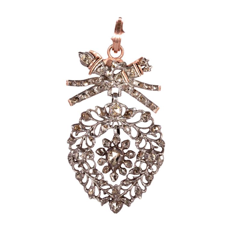 19th Century Flemish "Vlaams" Diamond Heart Pendant with 14k Rose Gold Mounting For Sale