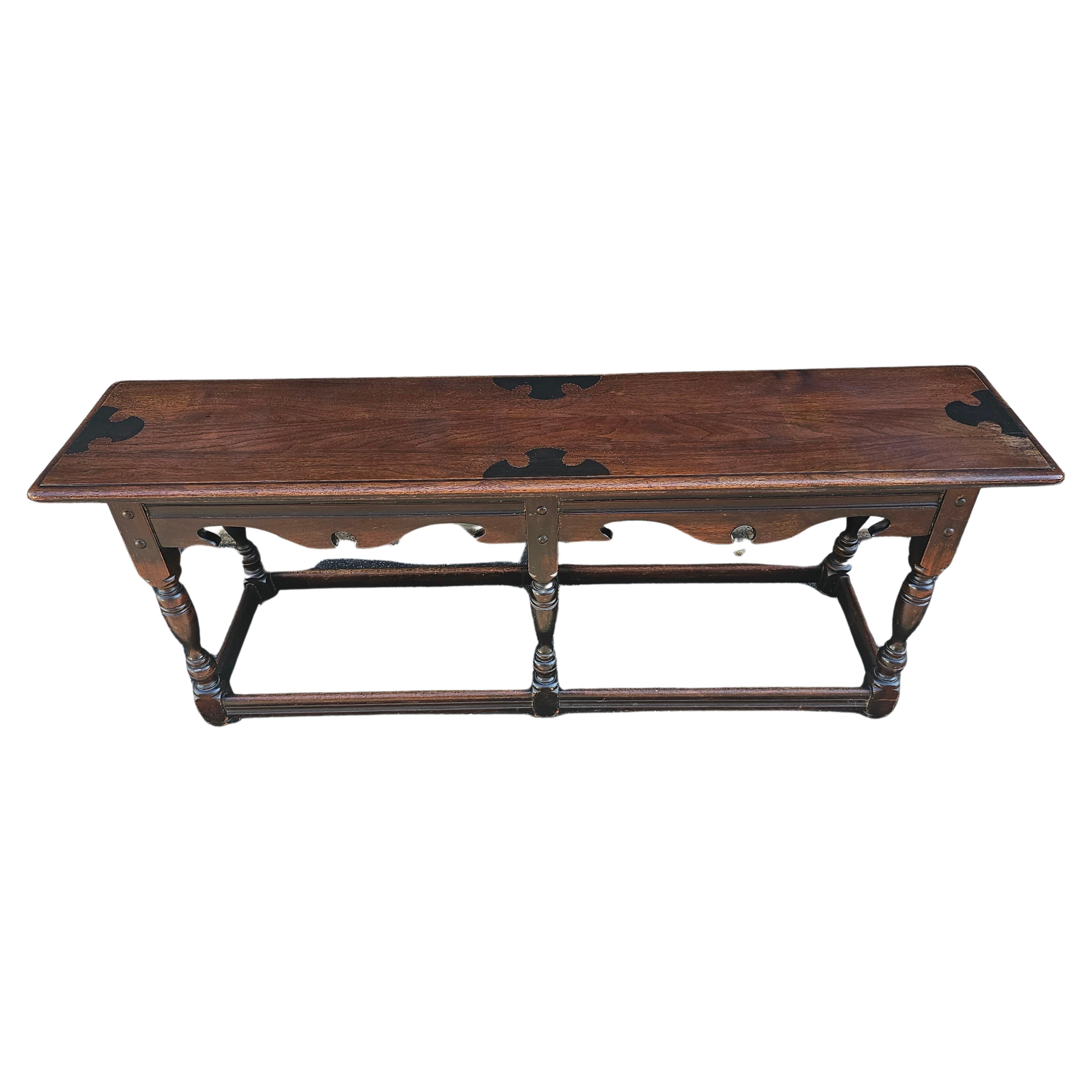 A late 19th Century Flint's Fine Furniture Edwardian Walnut Bench in great antique condition. Measures 52