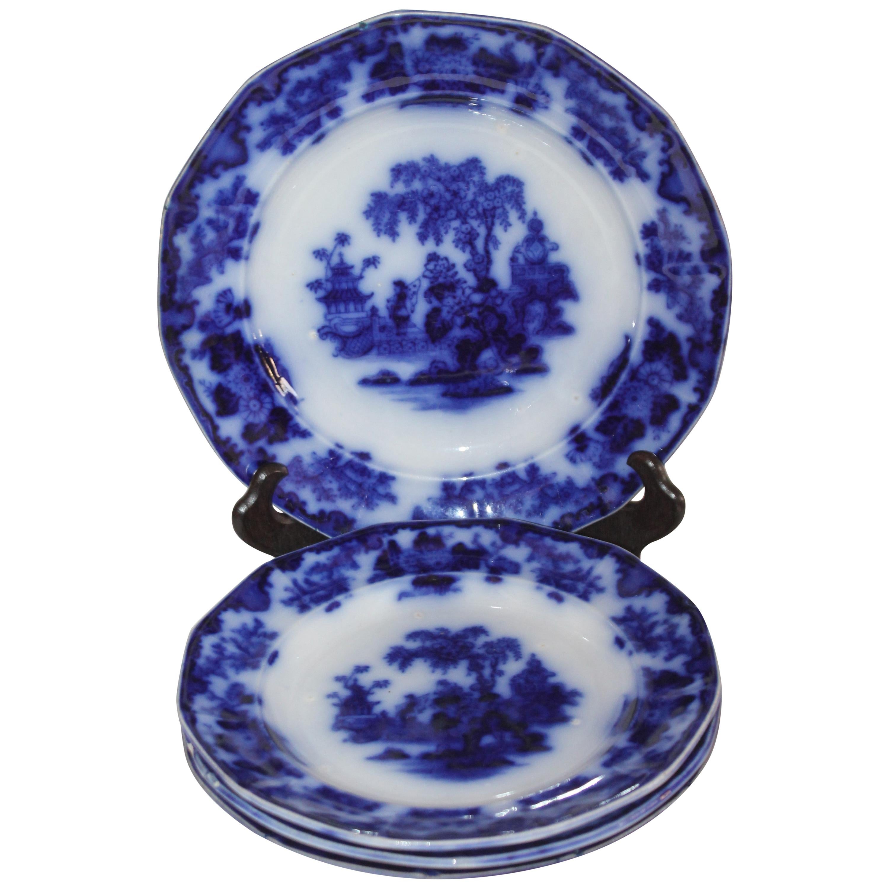 19th Century Flo-Blue "Scinde" Pattern Luncheon Plates, 4 Pieces For Sale