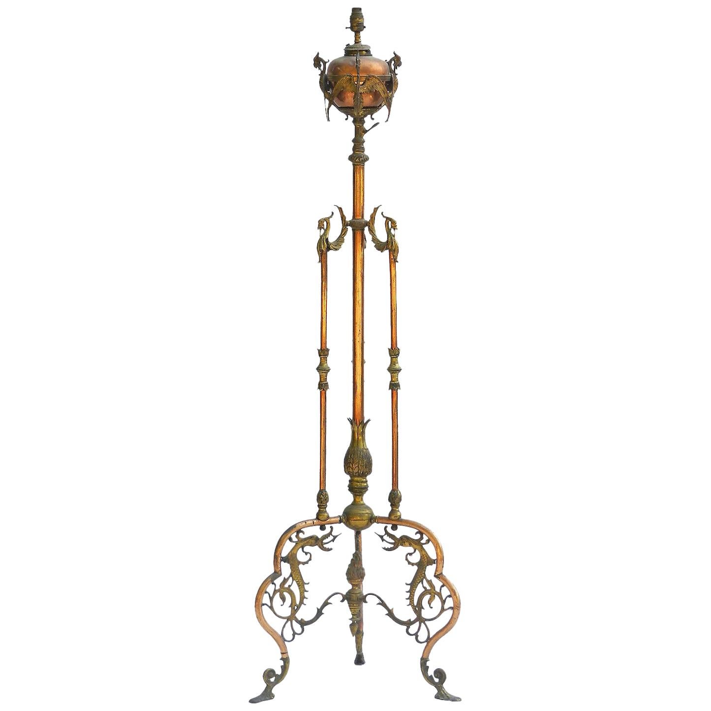19th Century Floor Lamp Copper and Gilt Metal Oil Lamp Renaissance Revival