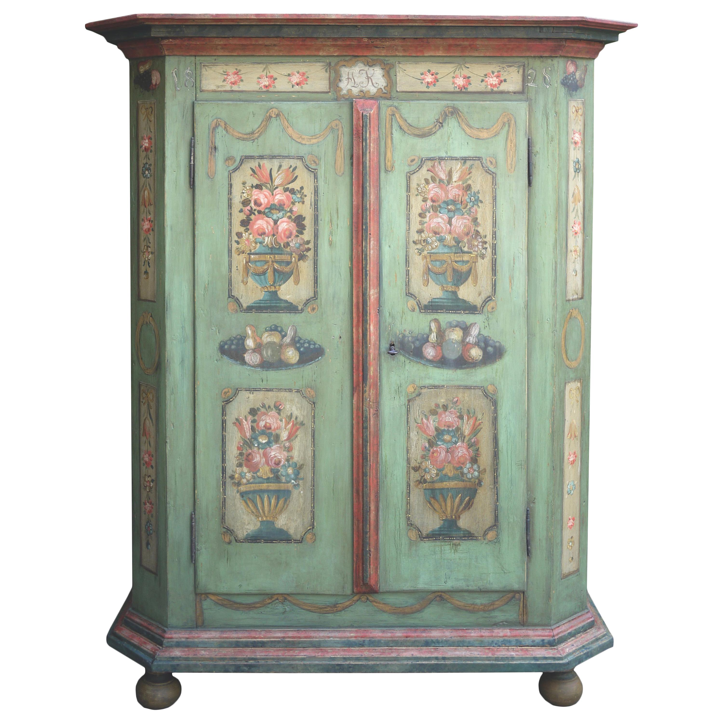 19th Century Floral and Fruit Painted Handpainted Two Doors Wardrobe, 1828