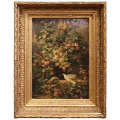 Used 19th Century Floral Oil Painting in Carved Gilt Frame with Mother and Child