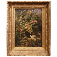 19th Century Floral Oil Painting in Carved Gilt Frame with Mother and Child