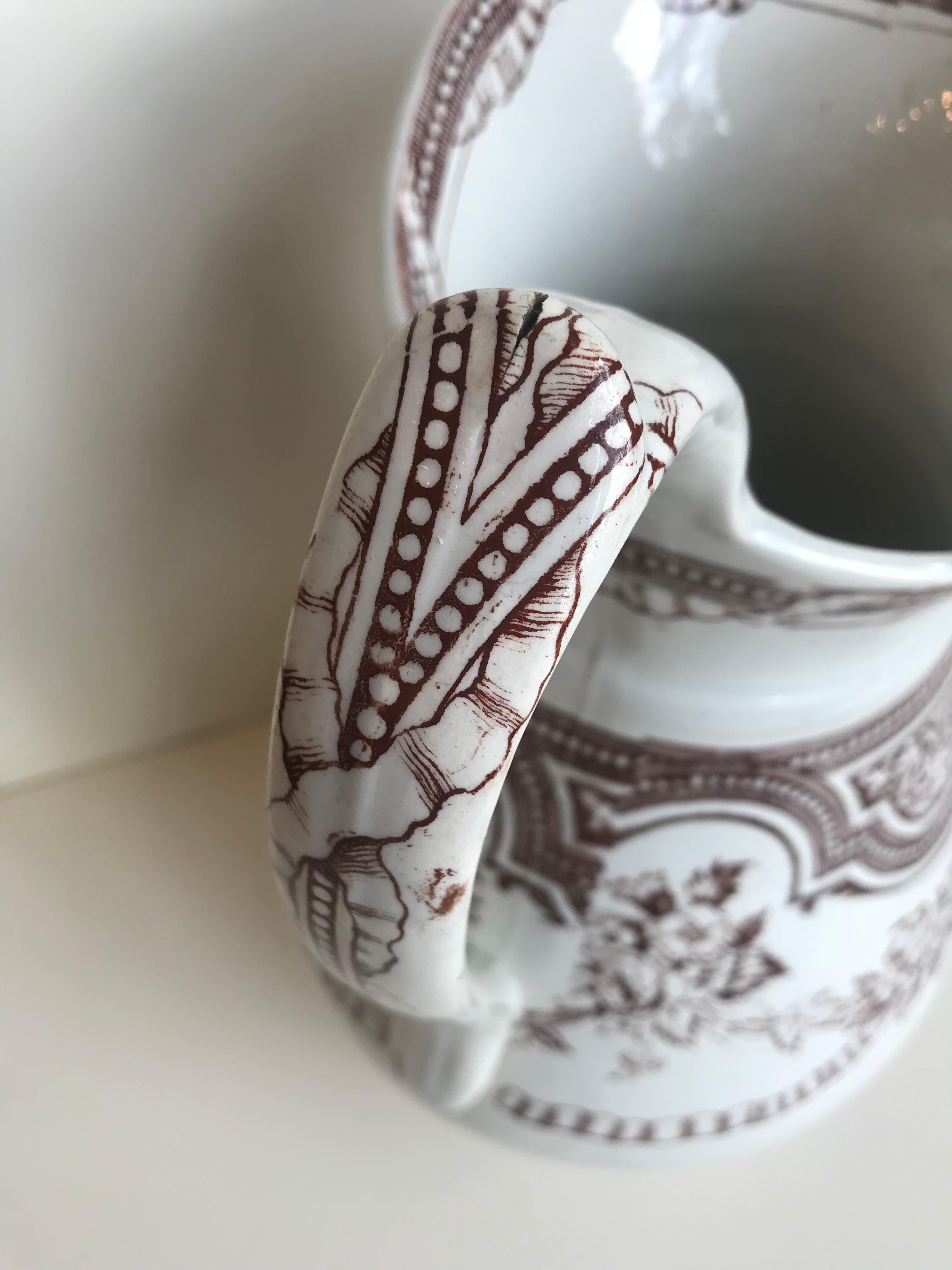 19th Century Floral Ribbon Banded Ironstone Pitcher In Excellent Condition For Sale In Boston, MA