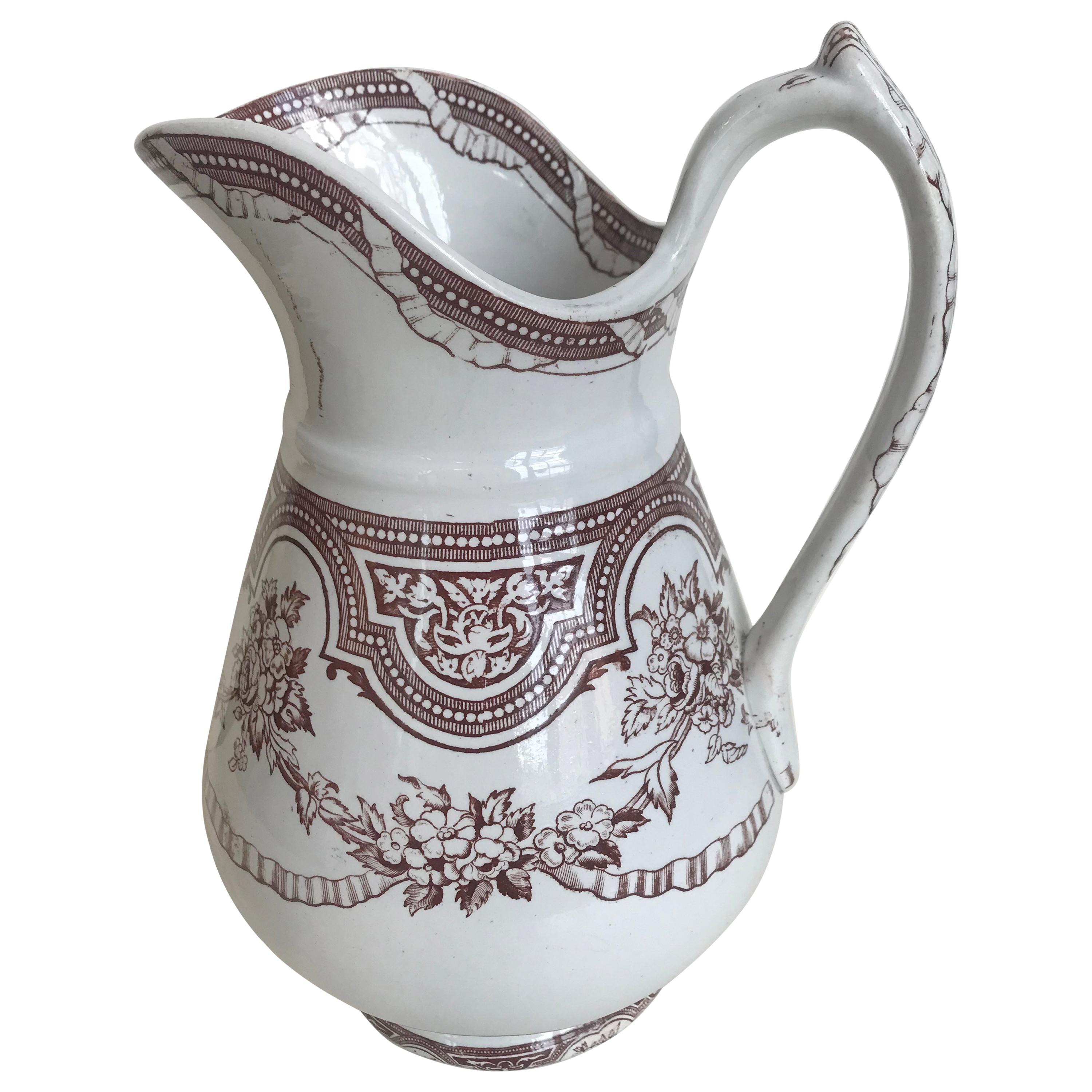 19th Century Floral Ribbon Banded Ironstone Pitcher For Sale