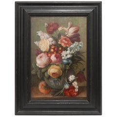 19th Century Floral Still Life Oil Painting in Black Wood Frame