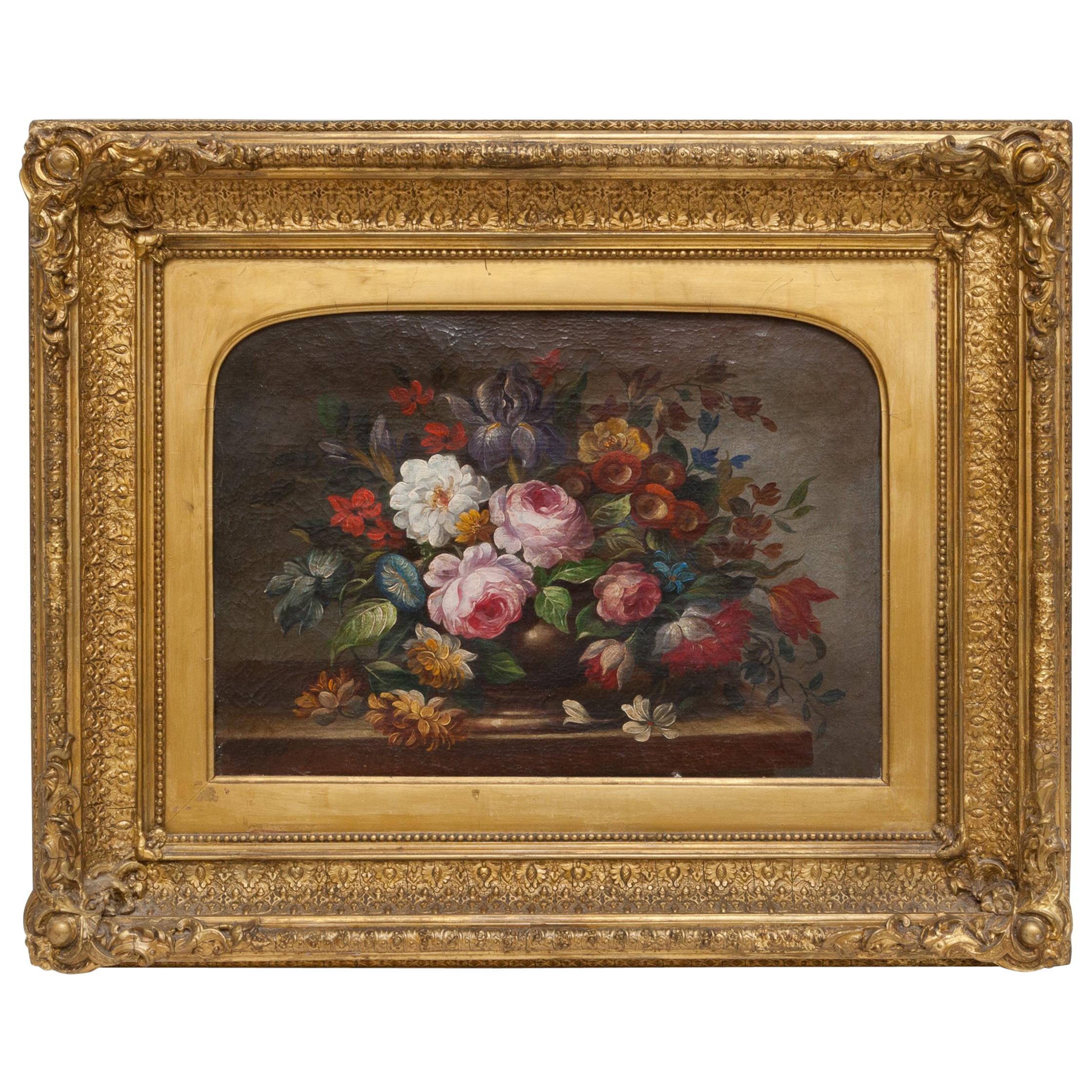 19th Century Floral Still Life Oil Painting Set in Ornate Gold Frame For Sale