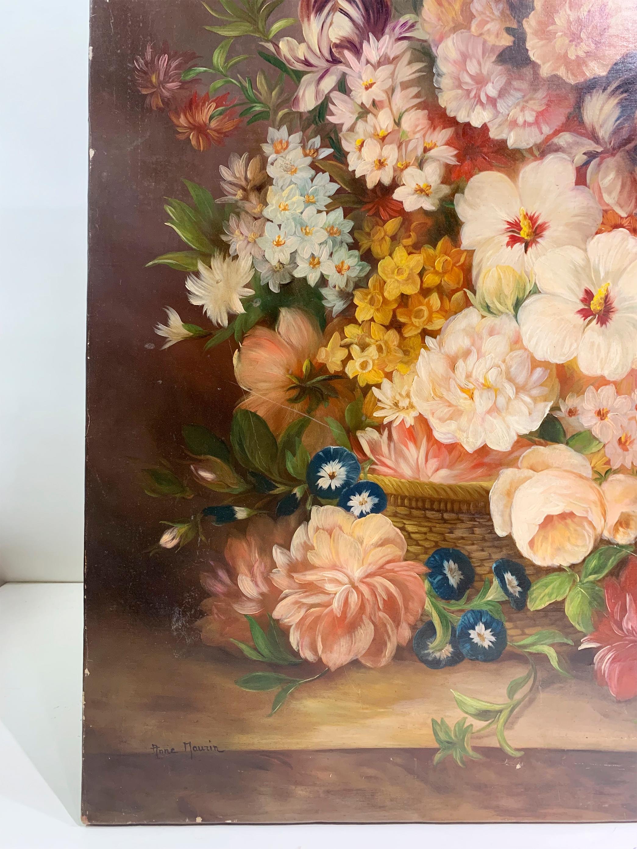 19th Century Floral Still Life Painting - Oil on Canvas - Signed Anne Maurin For Sale 2