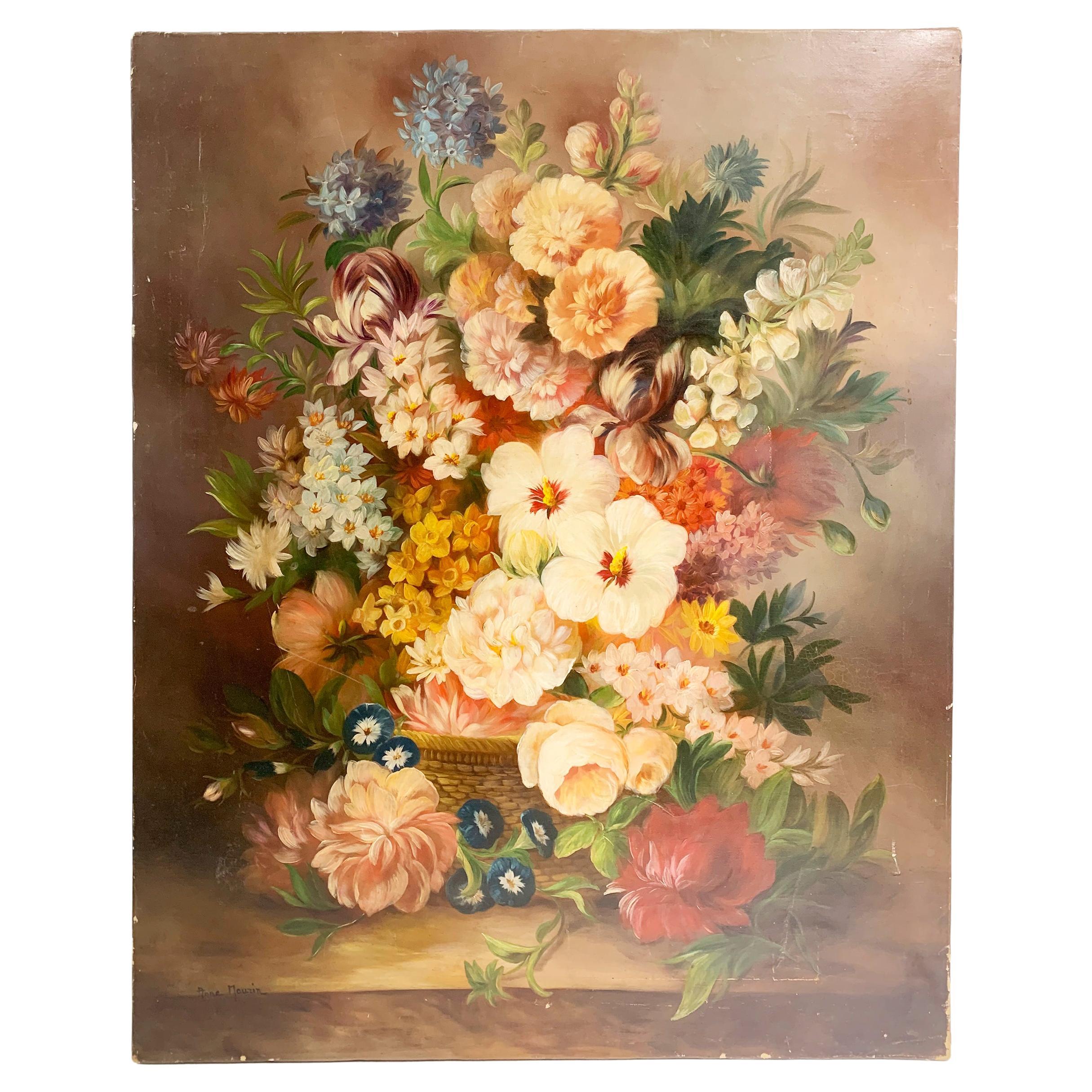 19th Century Floral Still Life Painting - Oil on Canvas - Signed Anne Maurin For Sale