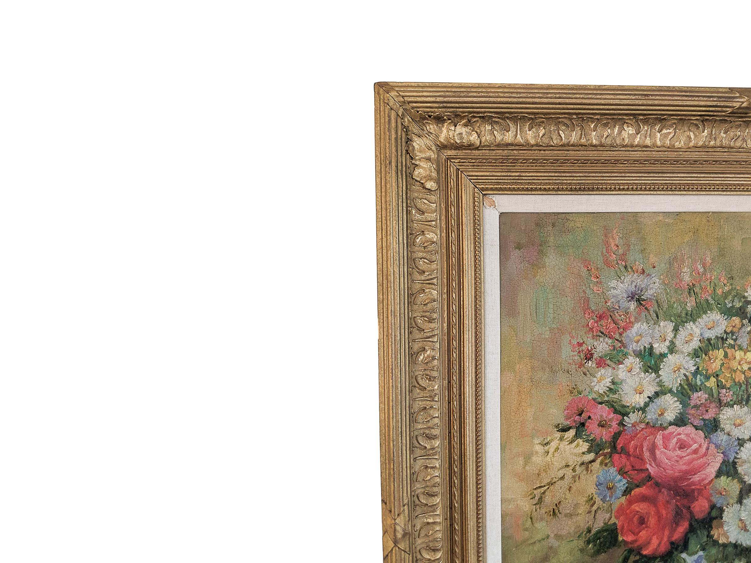 19th century floral still life with pears, signed K. Kengett in original frame. Beautifully painted and framed in a gessoed hand carved wood and gilded, original frame, circa 1880.

Condition: some areas of craquelure but paint surface is stable