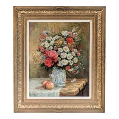 Antique 19th Century Floral Still Life with Pears, Signed K. Kengett in Original Frame