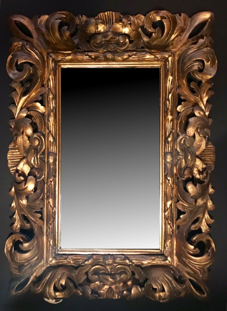19th Century Florentine Baroque Style Giltwood Hand Carved Mirror Frame
