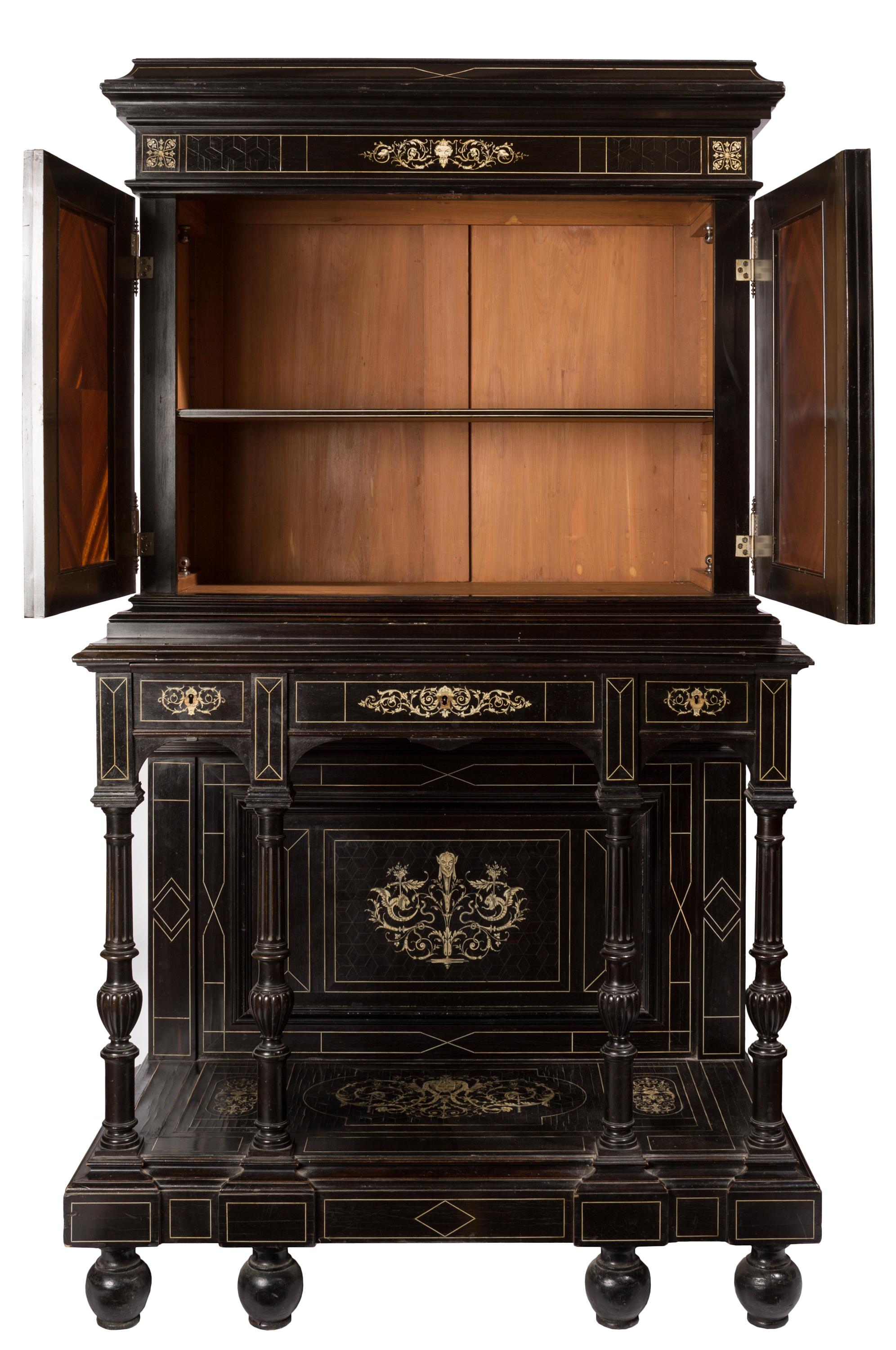 A striking black and white 19th century Florentine Italian decorative cabinet, in ebonized wood with bone inlay marquetry detailing. The design is historicist, referring directly back to Italian Mannerist style pieces made during the 17th century in