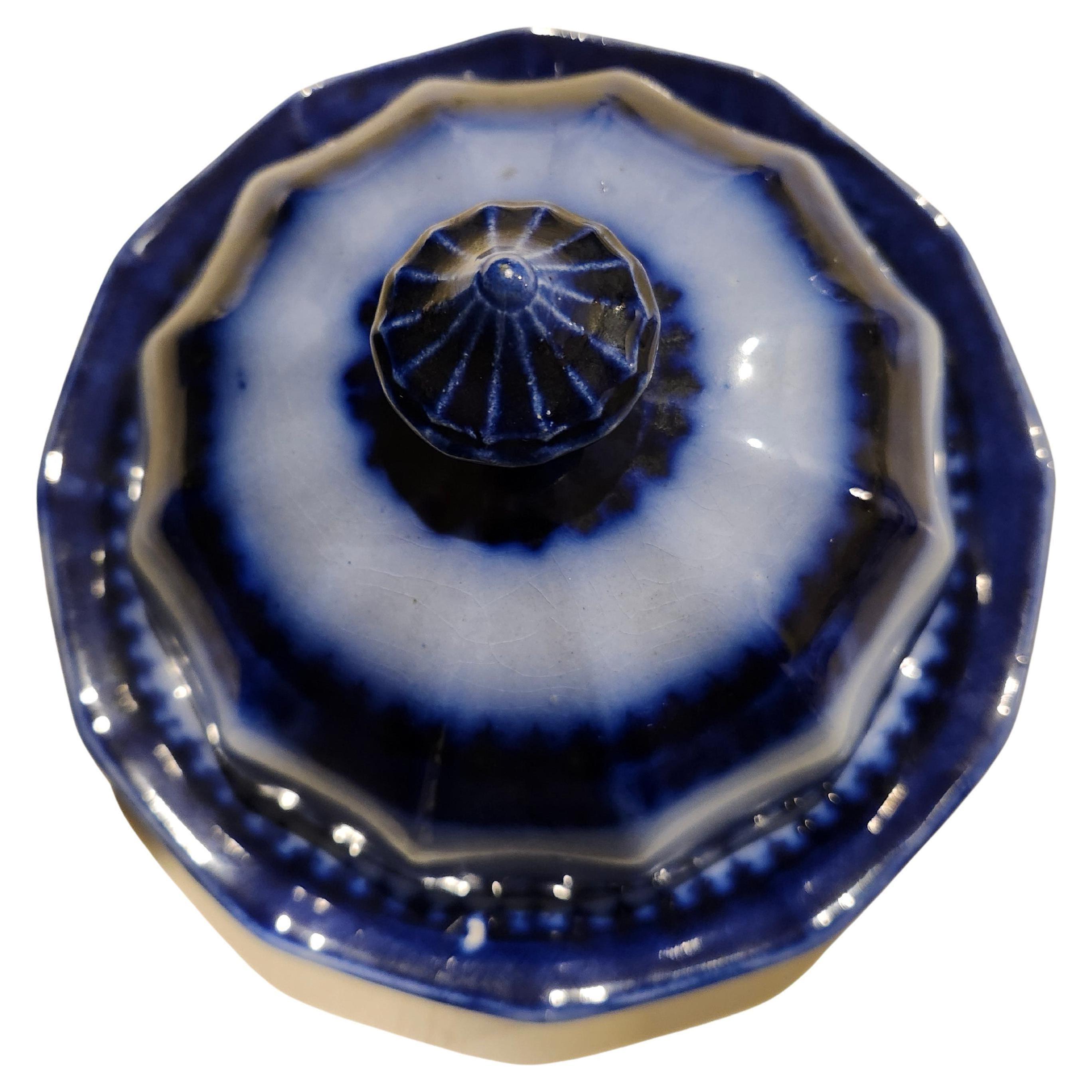 Glazed 19th Century Flow Blue Covered Butter Dish with Separater C1860