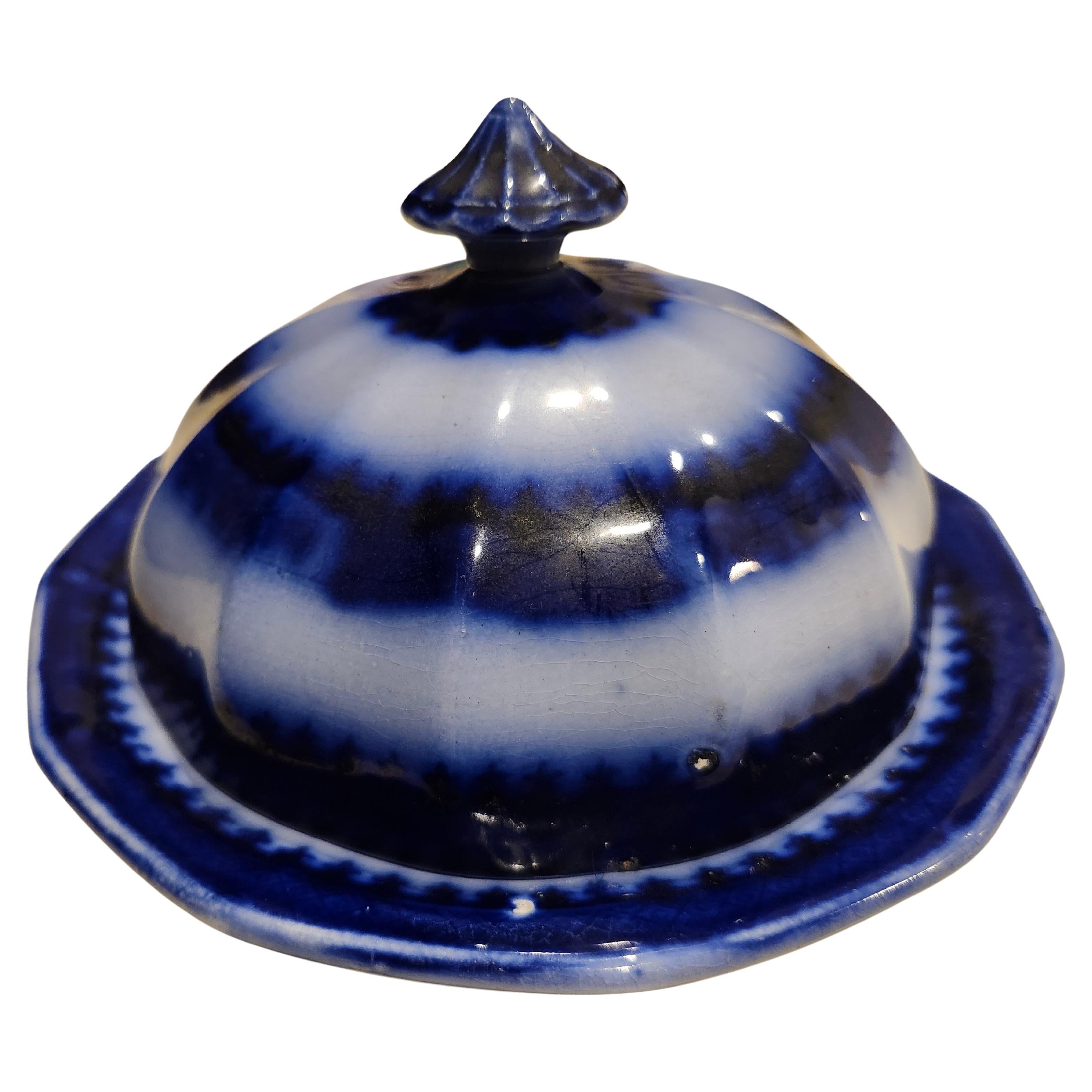 19th Century Flow Blue Covered Butter Dish with Separater C1860 In Good Condition In Port Jervis, NY