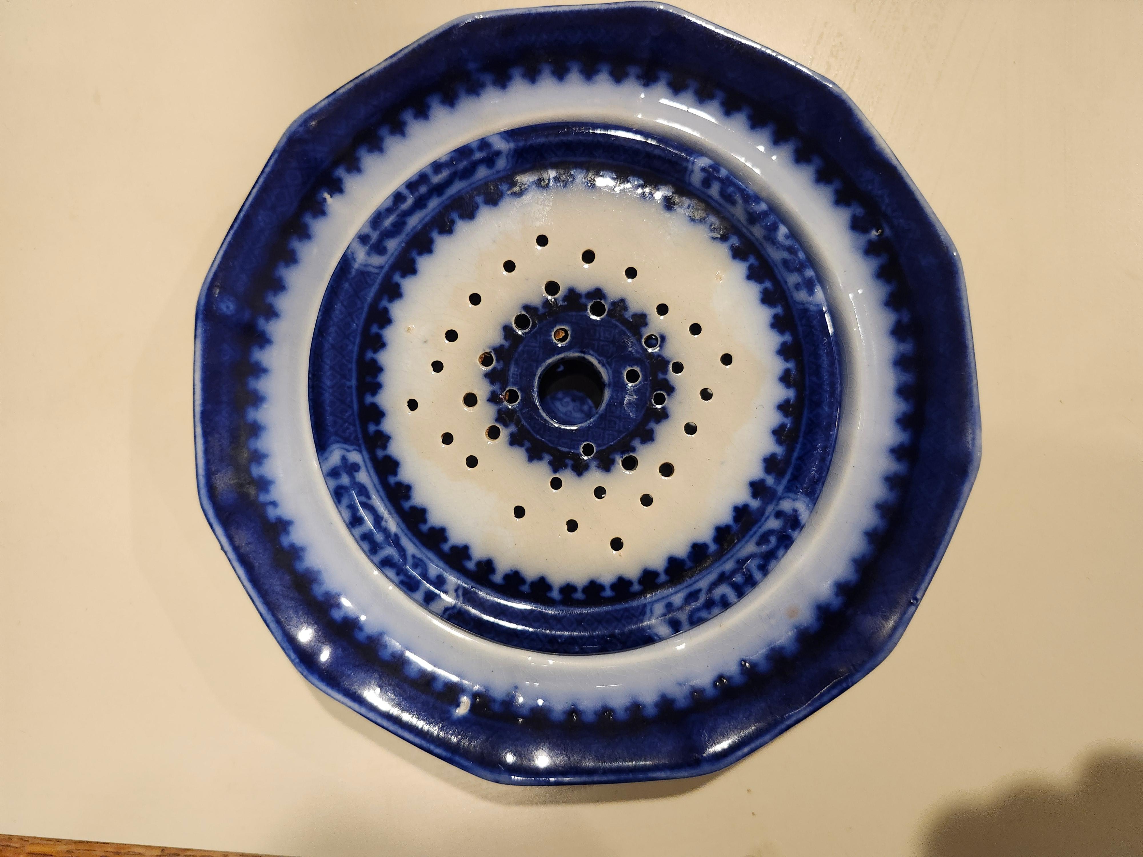 19th Century Flow Blue Covered Butter Dish with Separater C1860 1