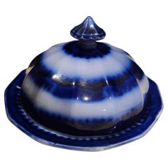 19th Century Flow Blue Covered Butter Dish with Separater C1860