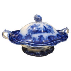 Piatto coperto blu Flow del XIX secolo con manici di Tj & J Mayer Inghilterra C1840