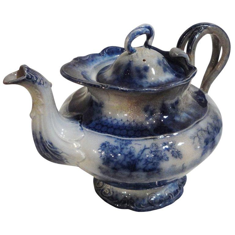 19th Century Flow Blue Rare India Pattern Tea Pot For Sale