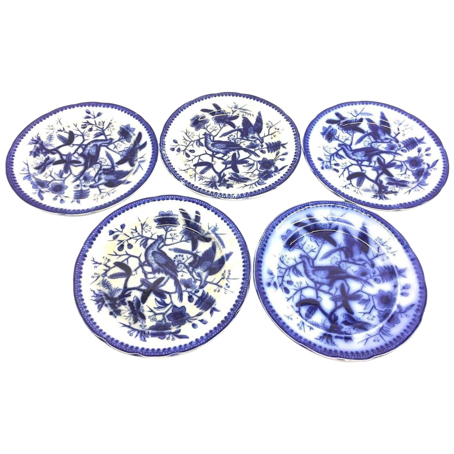 19th Century Flow Blue V&B Villeroy Boch Lot of 5 Plates Pheasant Series Decor For Sale