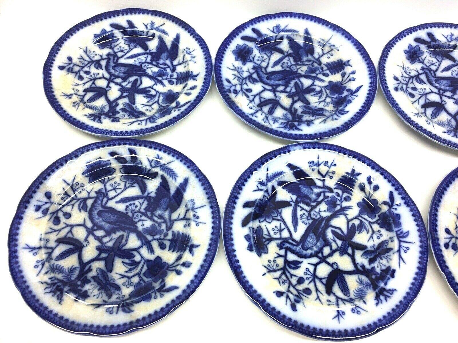 A set of six porcelain flow blue plates, made by Villeroy and Boch, Germany, circa 1890s or older. 
Images show a hand painted Pheasant pattern. This is a set of six plates, very nice for your table. Signed on the base.