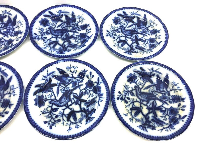 Biedermeier 19th Century Flow Blue V&B Villeroy Boch Lot of 6 Plates Pheasant Series Decor For Sale