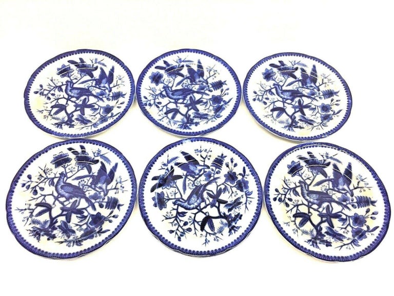German 19th Century Flow Blue V&B Villeroy Boch Lot of 6 Plates Pheasant Series Decor For Sale
