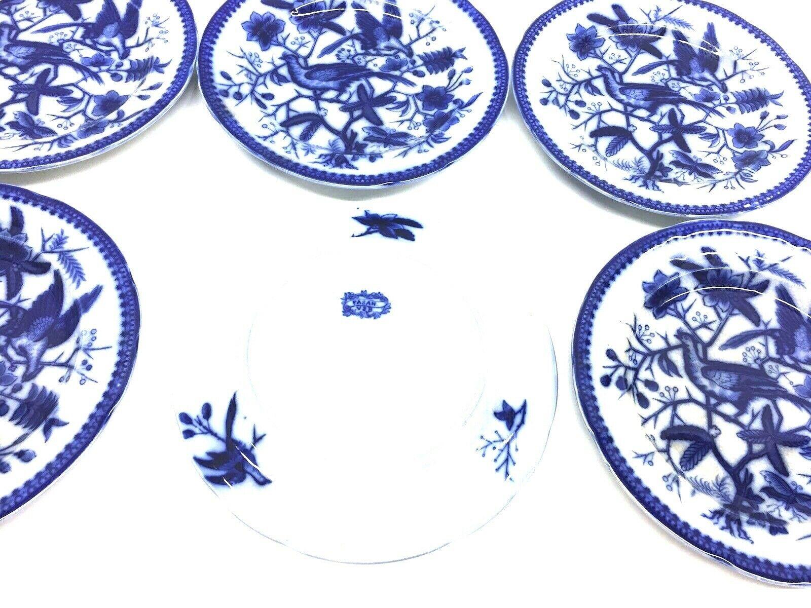 19th Century Flow Blue V&B Villeroy Boch Lot of 6 Plates Pheasant Series Decor In Good Condition For Sale In Nuernberg, DE