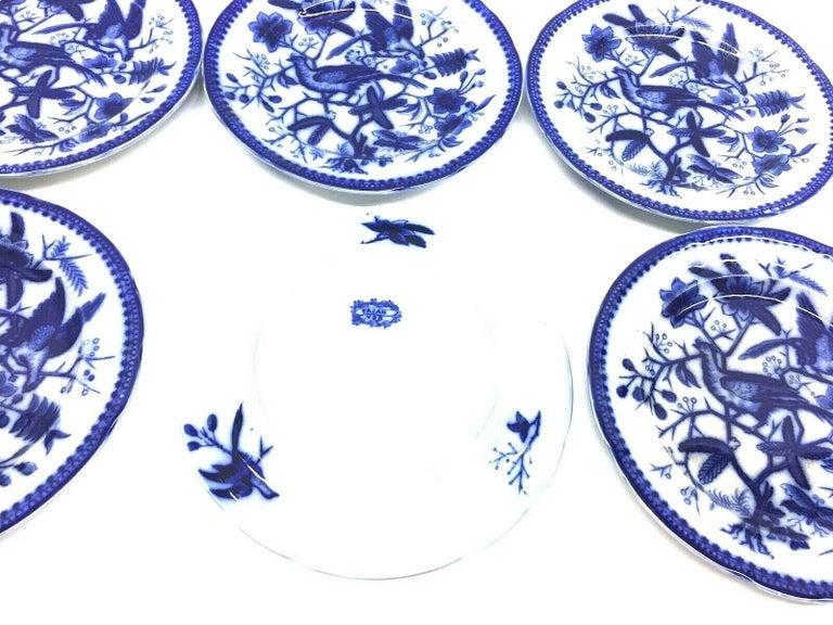 19th Century Flow Blue V&B Villeroy Boch Lot of 6 Plates Pheasant Series Decor In Good Condition For Sale In Nürnberg, DE