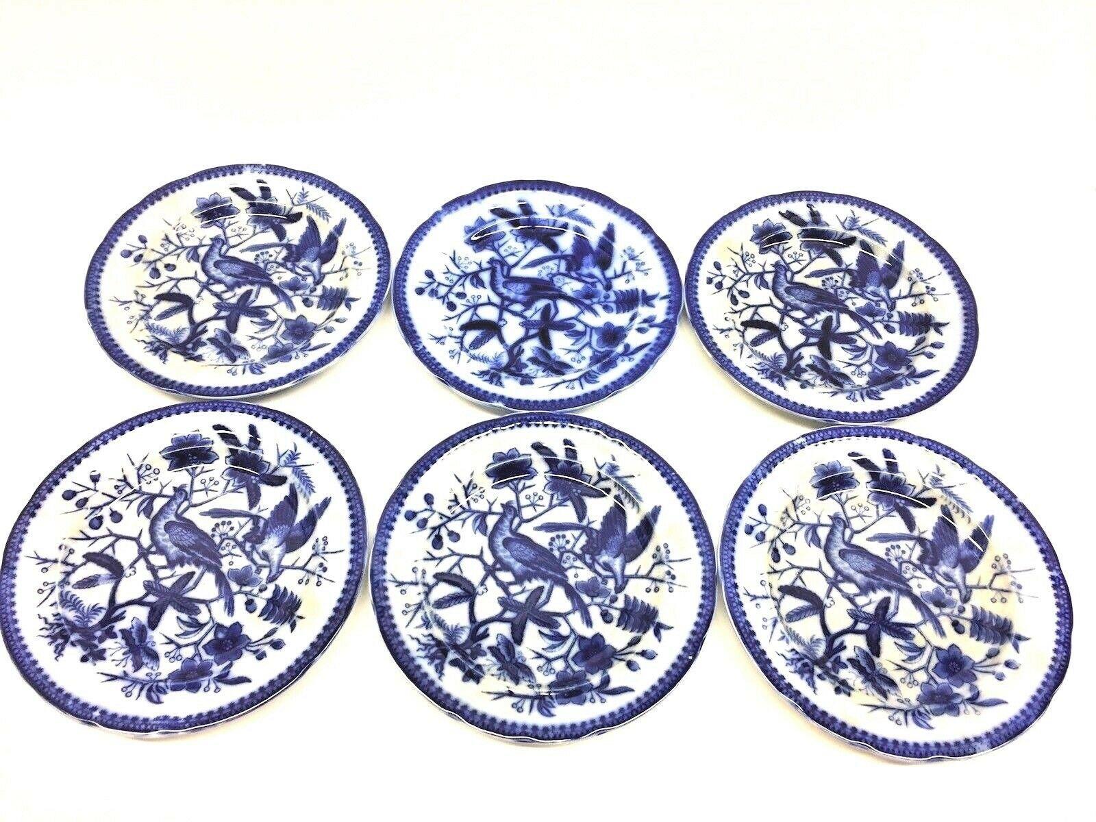 19th Century Flow Blue V&B Villeroy Boch Lot of 6 Plates Pheasant Series Decor In Good Condition For Sale In Nuernberg, DE