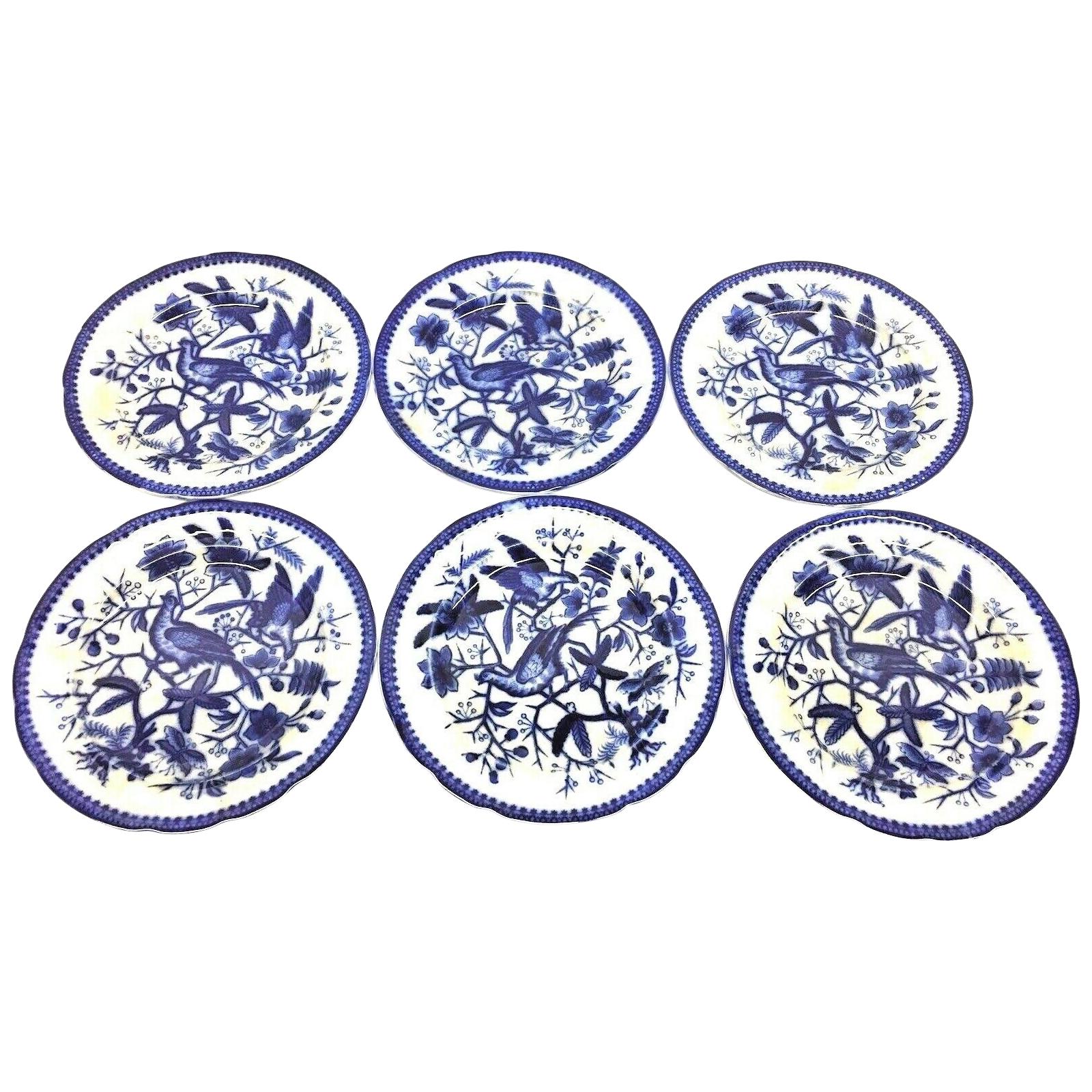 19th Century Flow Blue V&B Villeroy Boch Lot of 6 Plates Pheasant Series Decor