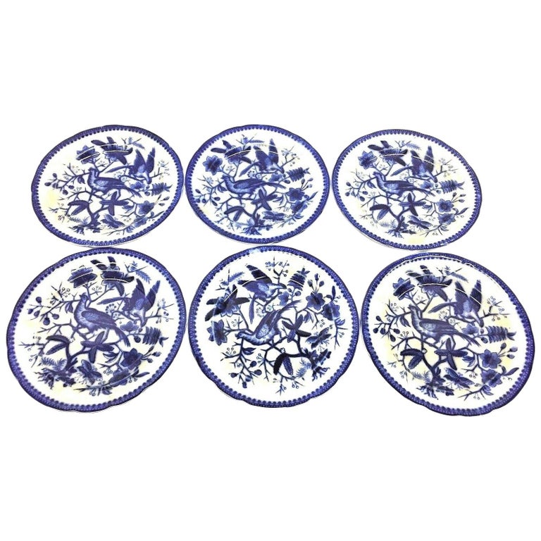 19th Century Flow Blue V&B Villeroy Boch Lot of 6 Plates Pheasant Series Decor For Sale