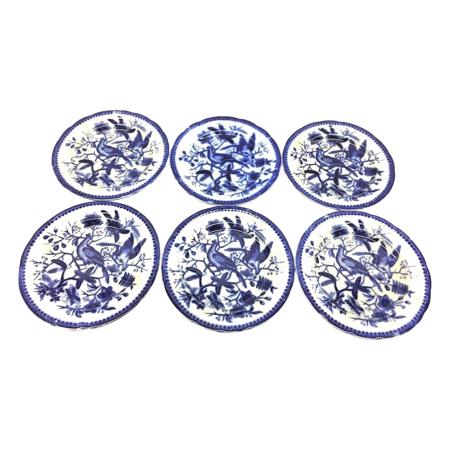 Lot de 6 assiettes en plaqué bleu de la série Pheasant de V&B Villeroy du 19ème siècle