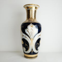 19th Century Flower Porcelain Vase Hand Painted Blue and Gold France.