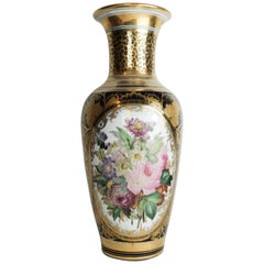 19th Century Flower Porcelain Vase Hand Painted Blue and Gold France.