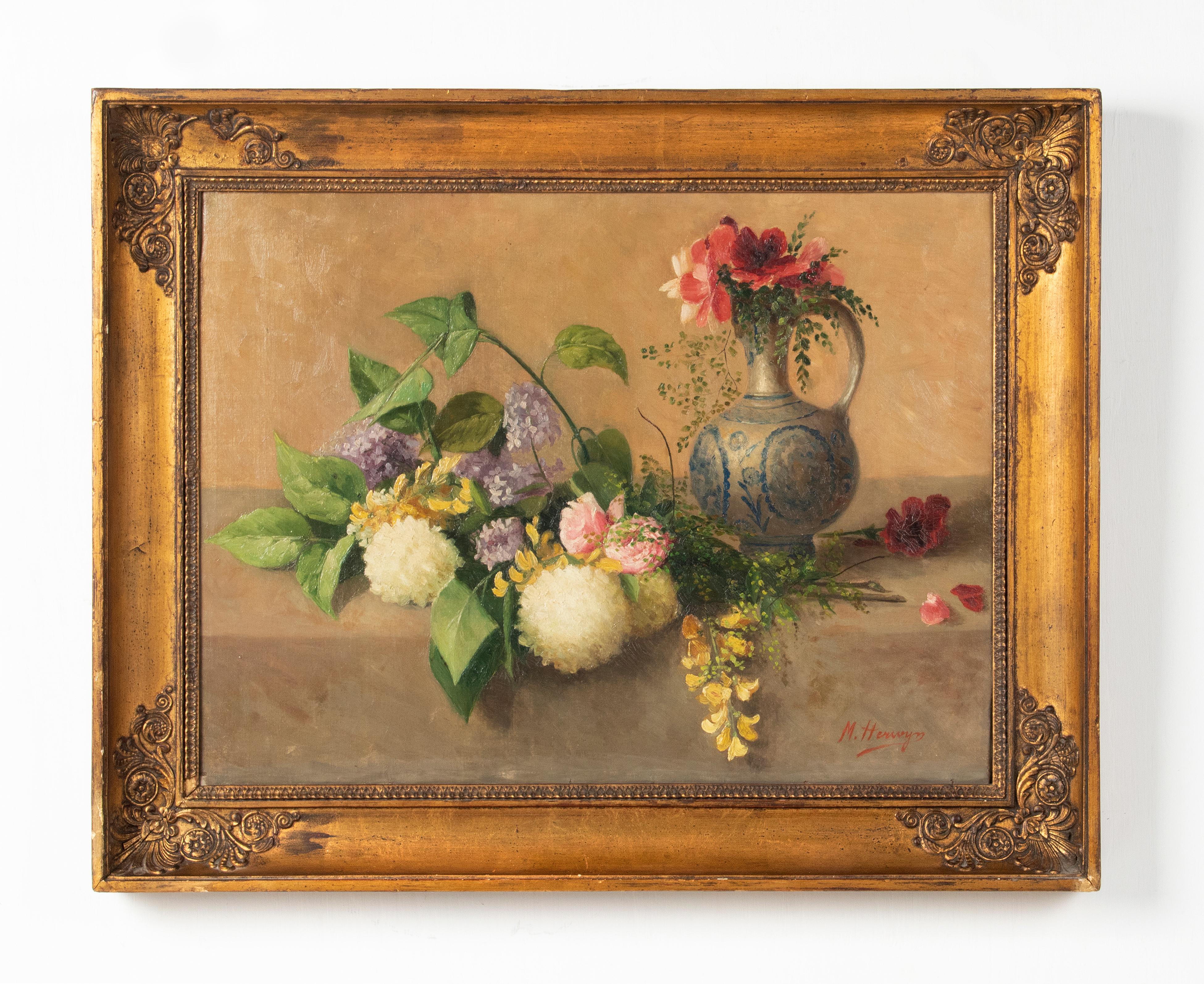 Romantic 19th Century Flower Still Life Painting Oil on Canvas by M. Herwyn