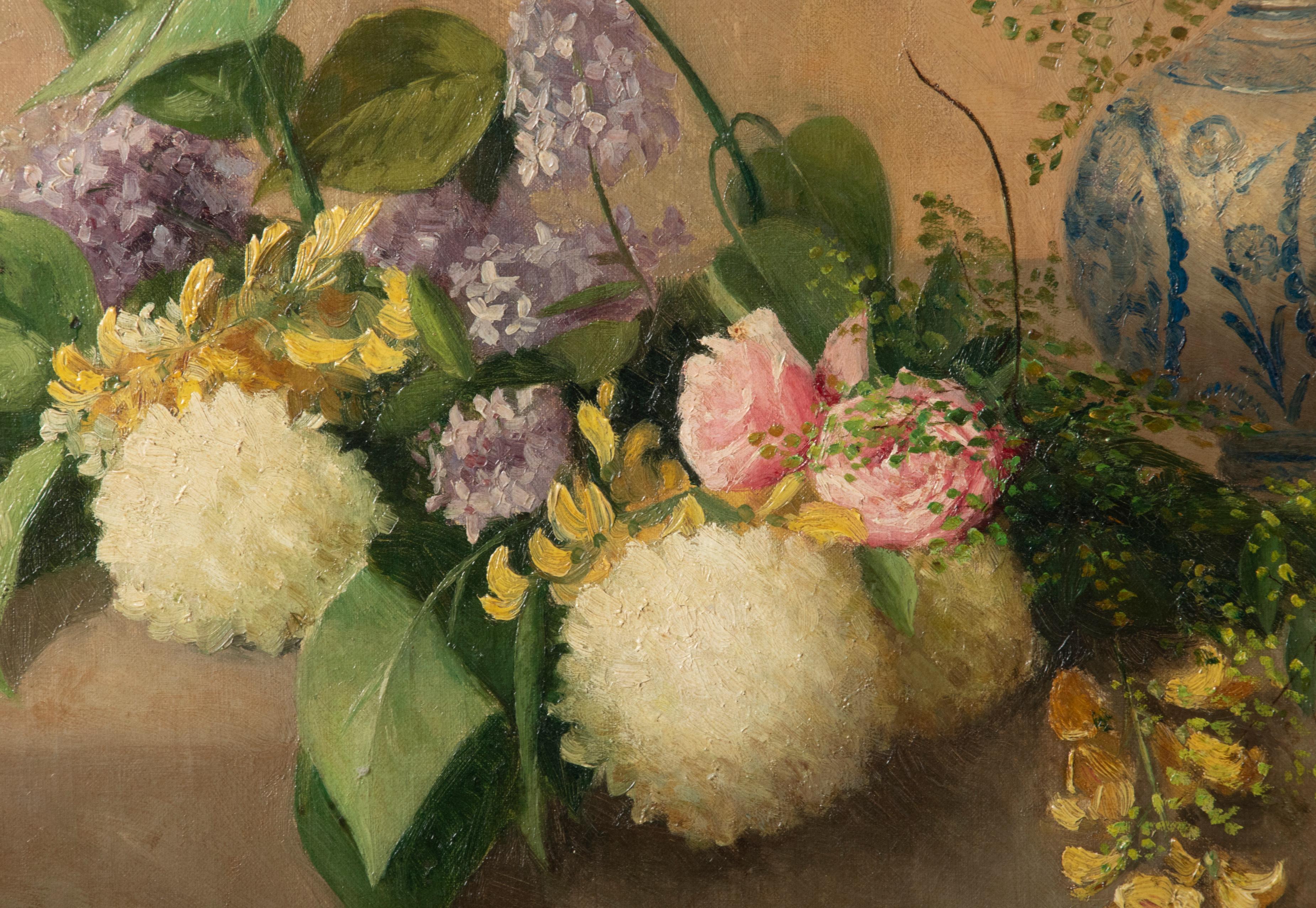 Hand-Painted 19th Century Flower Still Life Painting Oil on Canvas by M. Herwyn