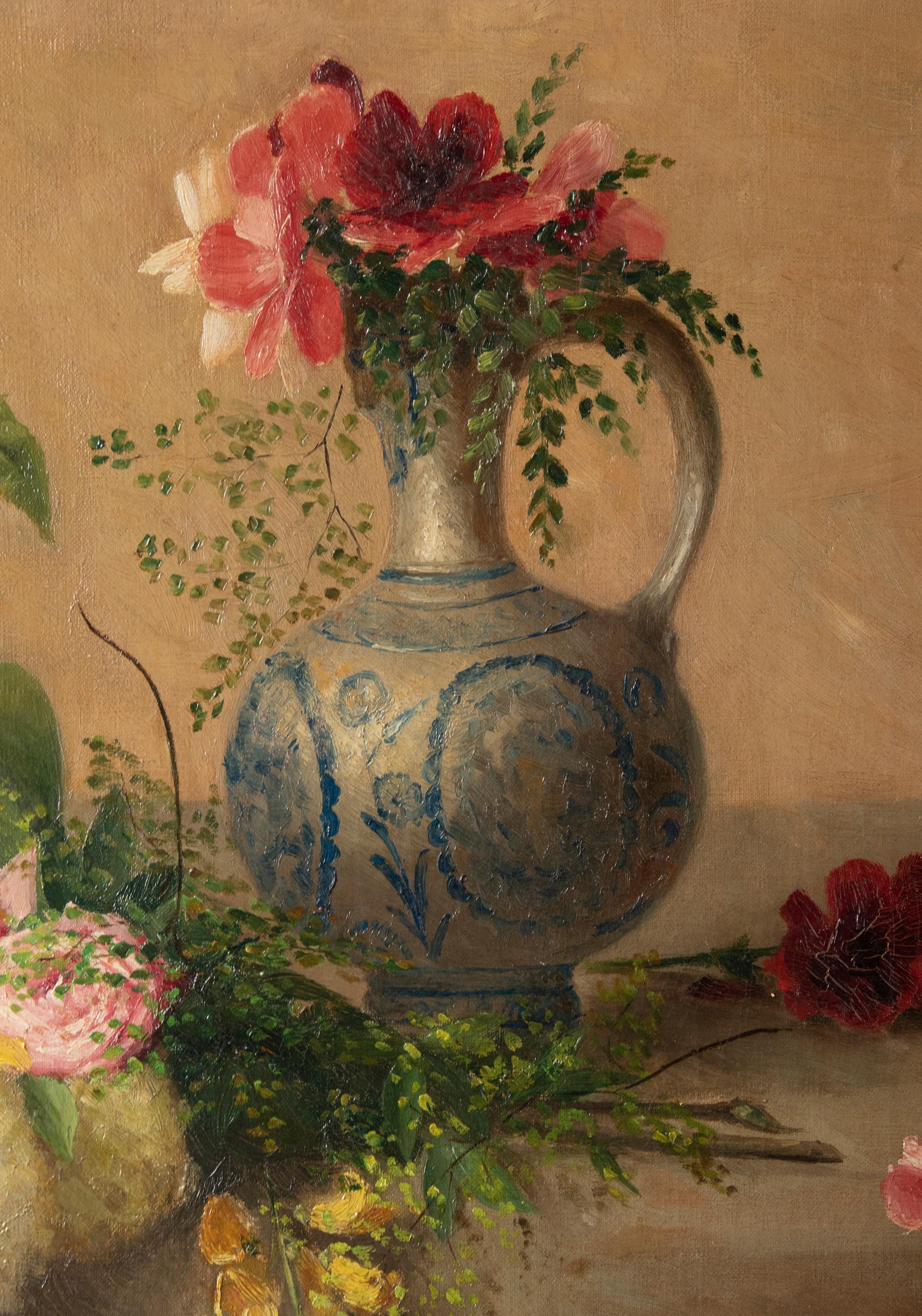 19th Century Flower Still Life Painting Oil on Canvas by M. Herwyn In Good Condition In Casteren, Noord-Brabant