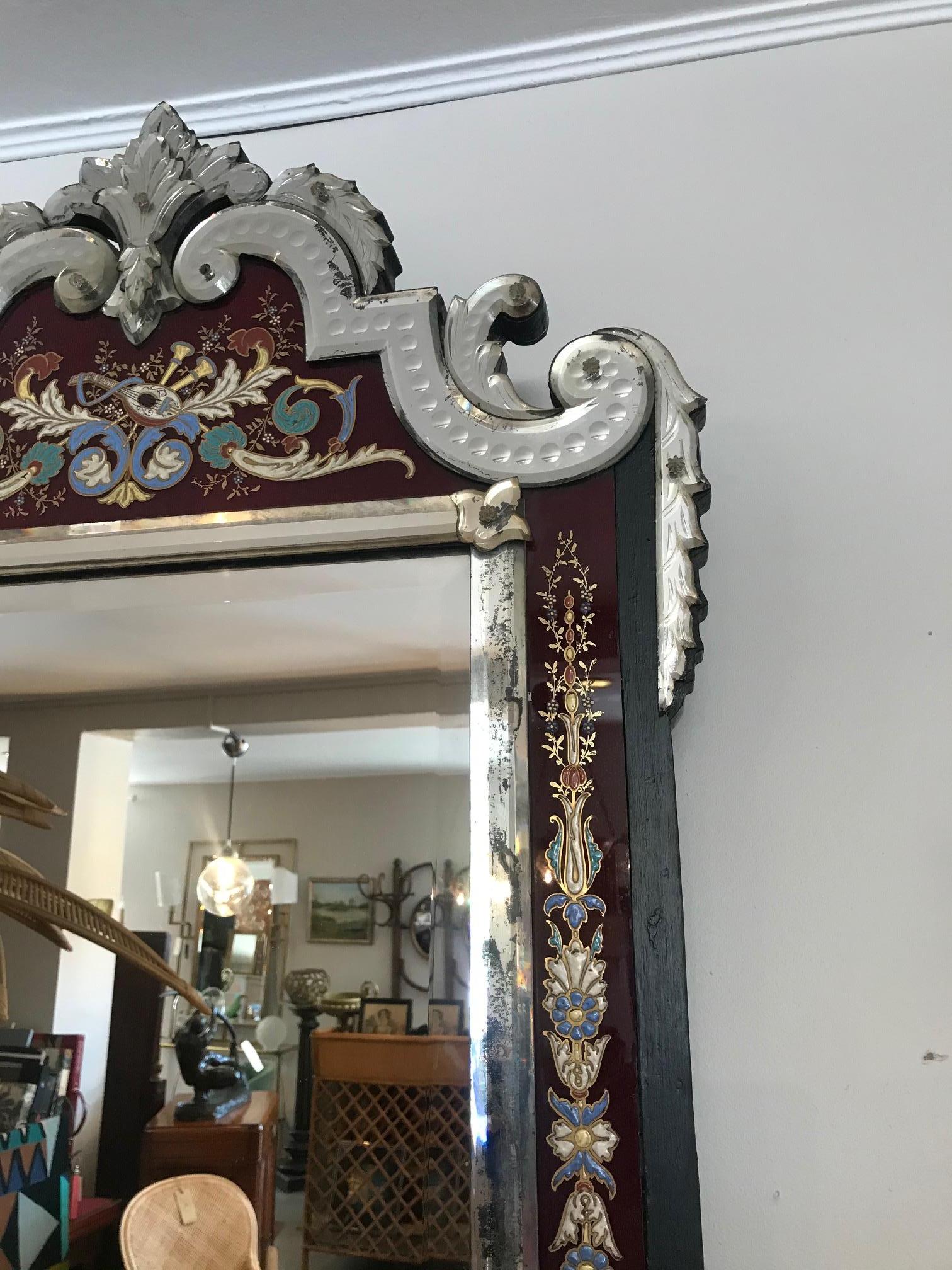 19th Century Flowers and Musical Instrument Art Venetian Mirror, 1870s In Fair Condition In LEGNY, FR