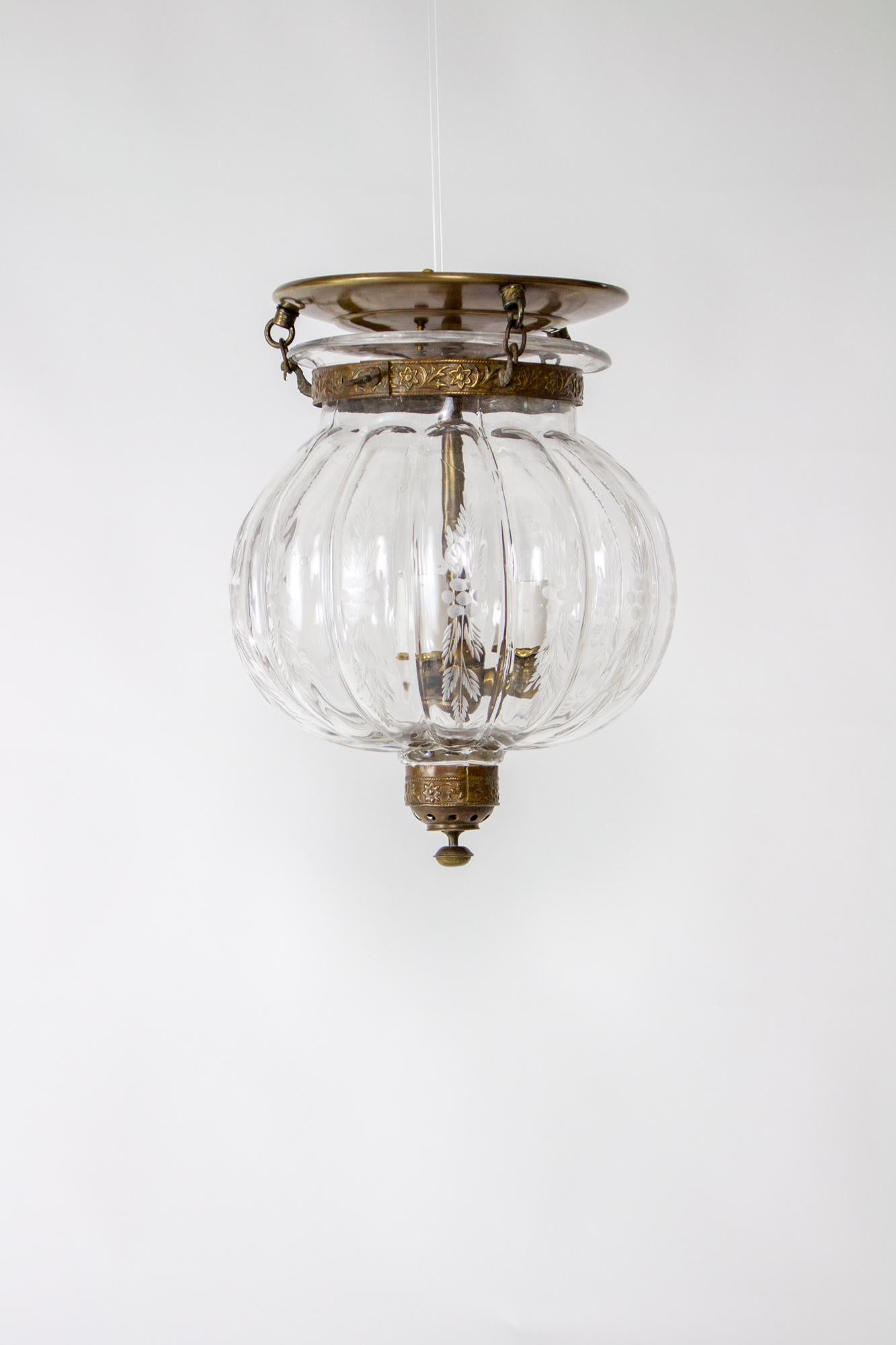 Brass 19th Century Flush Onion Shaped Glass Bell Jar Lantern