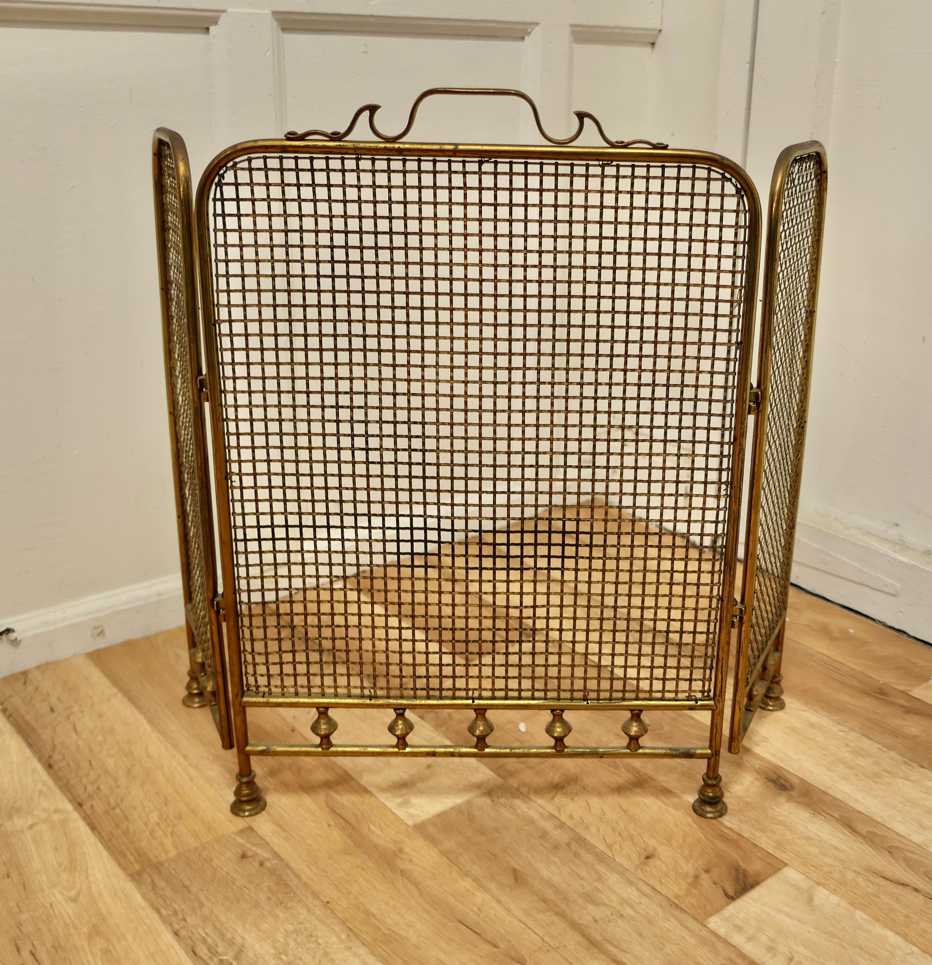 19th Century folding brass fire guard.

This very useful and decorative Fire Guard has a brass frame even the mesh infill is made with brass, it has the added advantage that it folds flat for storage, and when opened out it can be shaped to